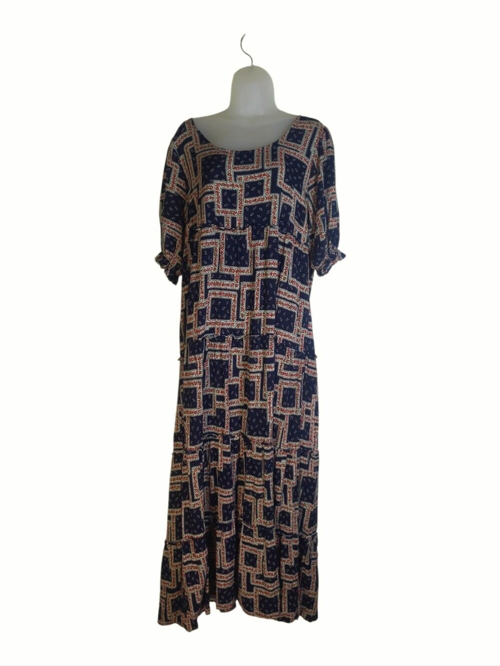 Natural Life Dress Large Patchwork Short Sleeve Navy Loose Fit